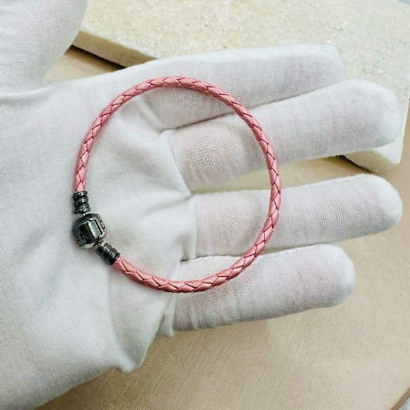 EUC Pandora 590705CMP-S Single Shimmering Pink Woven Leather Clasp Bracelet - Picture 3 of 15